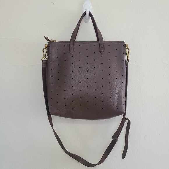 MADEWELL Brown Leather Perforated Double Handle HandBag Crossbody Bag Purse - Picture 1 of 8